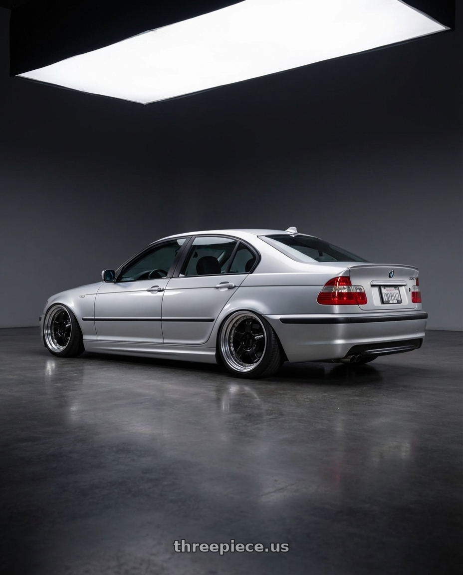 2004 Bmw 330i with Work Meister S1 3P 5x100 18x10.5+16 A Disk Black wheels rear three quarter view slight stretch tires