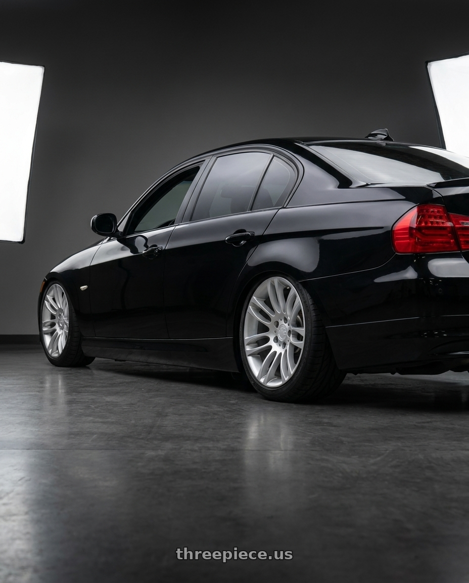2011 bmw 335d with Aodhan AFF7 5x120 18x8.5+35 Gloss Silver Machined Face wheels rear three quarter view meaty tires