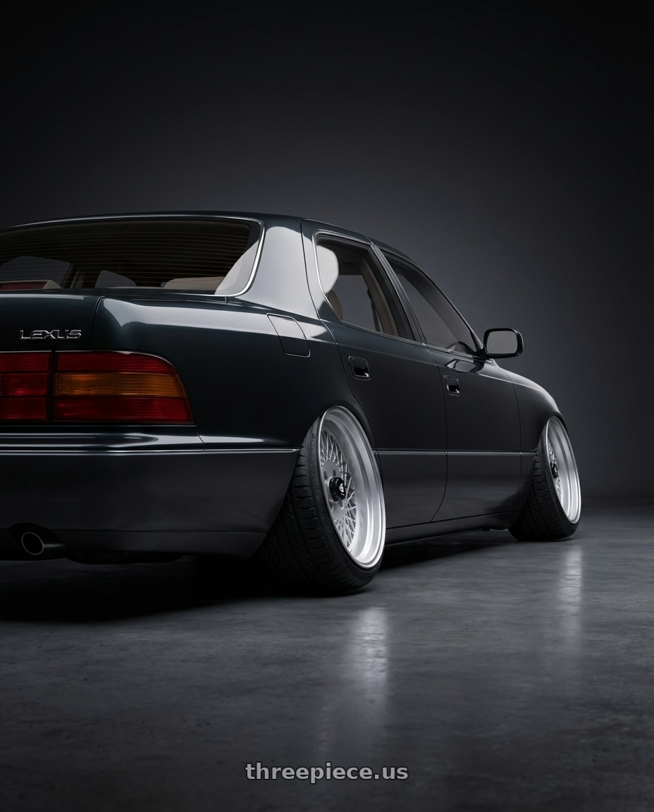 1991 Lexus LS400 with Enkei Enkei92 Classic Line 4x100 15x8+25 Silver wheels rear three quarter view extreme stretch tires