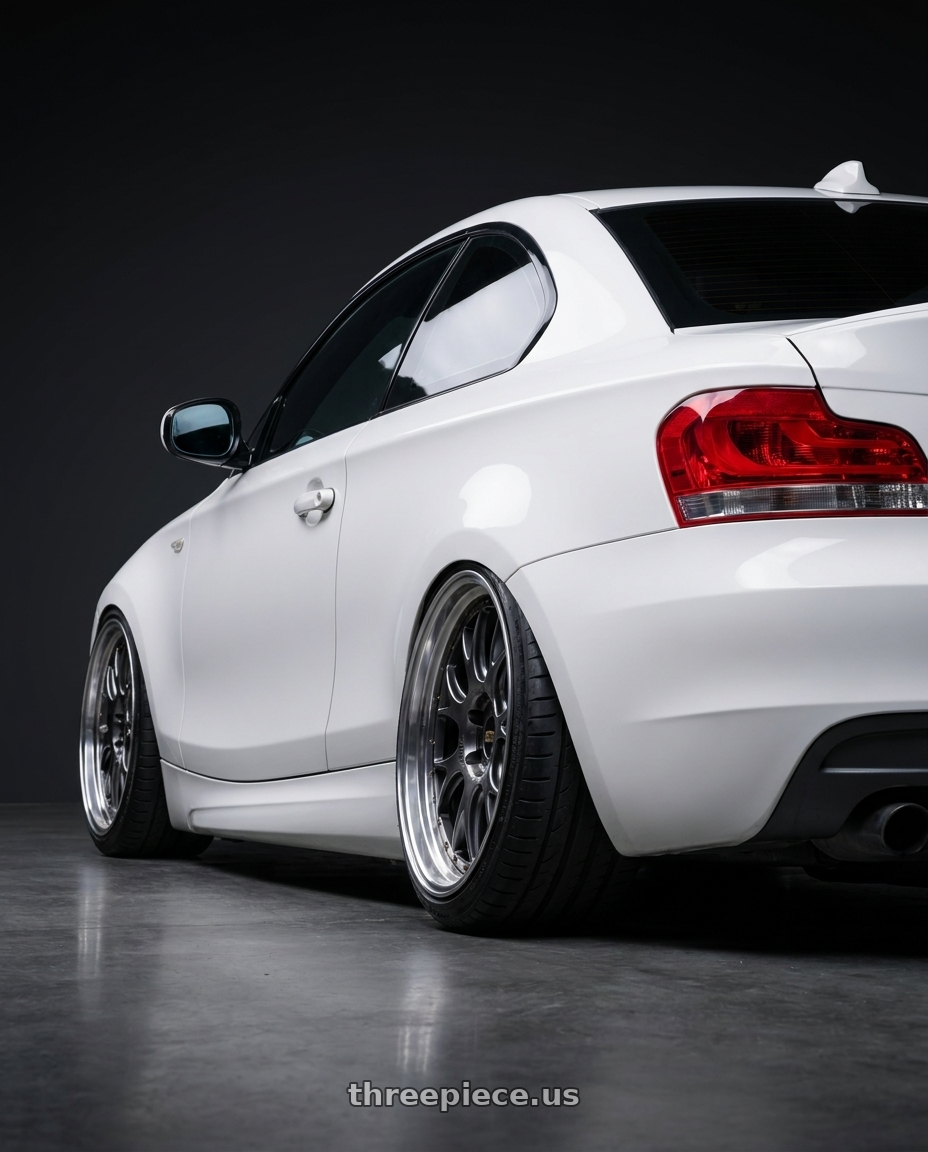 2011 bmw e82 135i with BBS LM-R 5x130 19x11.0+63 Diamond Black wheels rear three quarter view extreme stretch tires