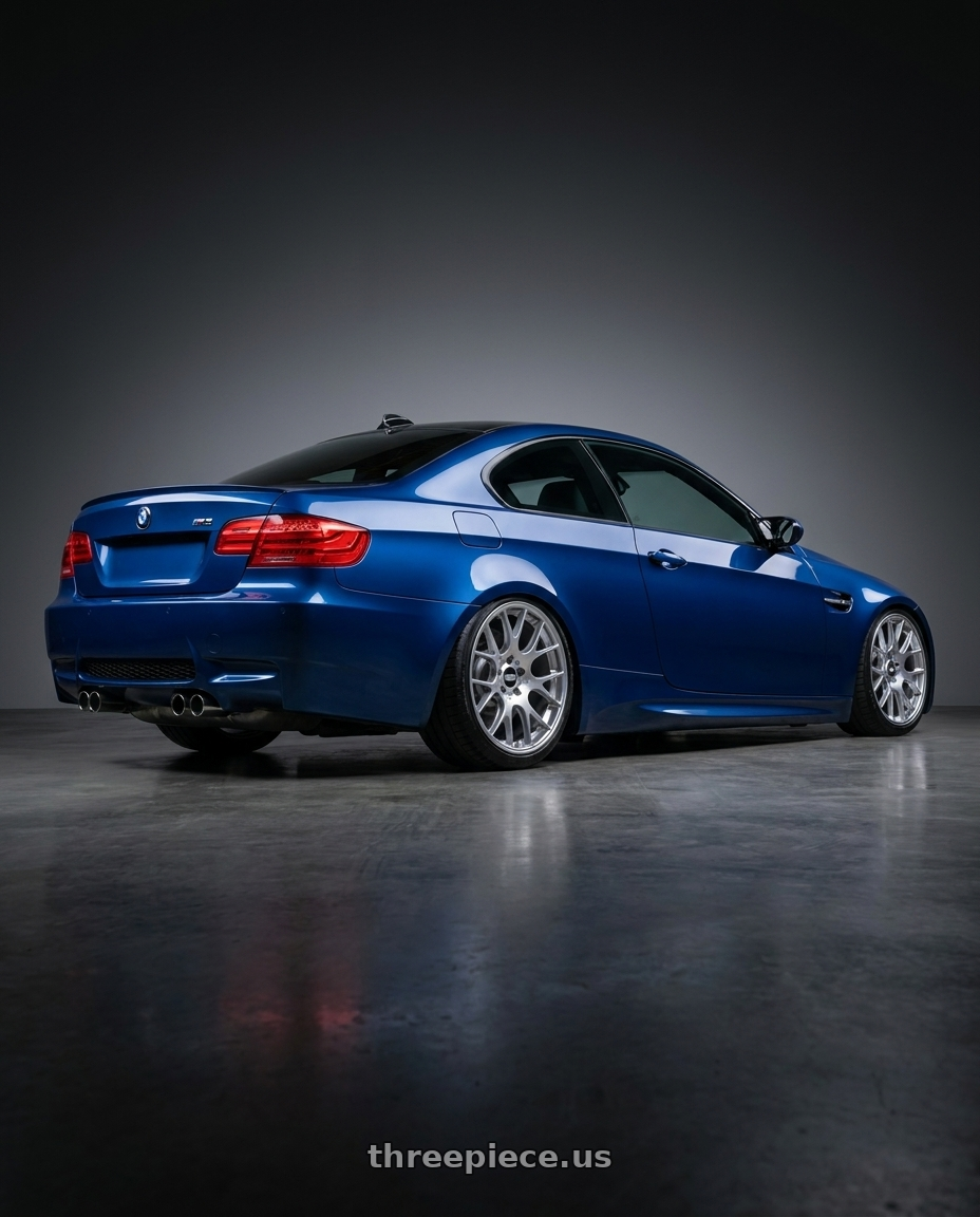 2008 Bmw e92 m3 with BBS CH-R 5x130 19x8.5 +51 Brilliant Silver Polished Rim Protector wheels rear three quarter view slight stretch tires