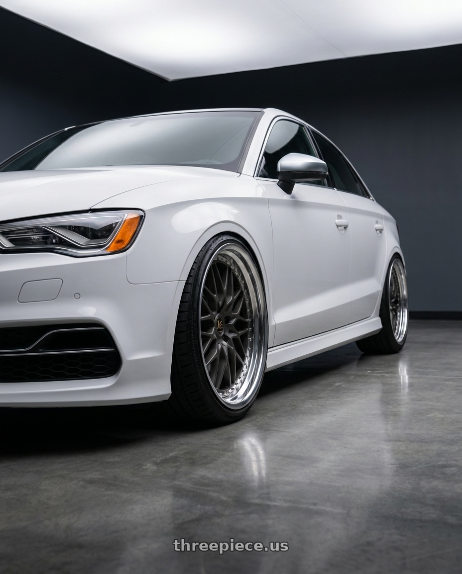 2015 Audi S3 with Work Vs-Xv 5x112 20x10.5+35 L Disk Matte Dark Gunmetal wheels front three quarter view lowered stance