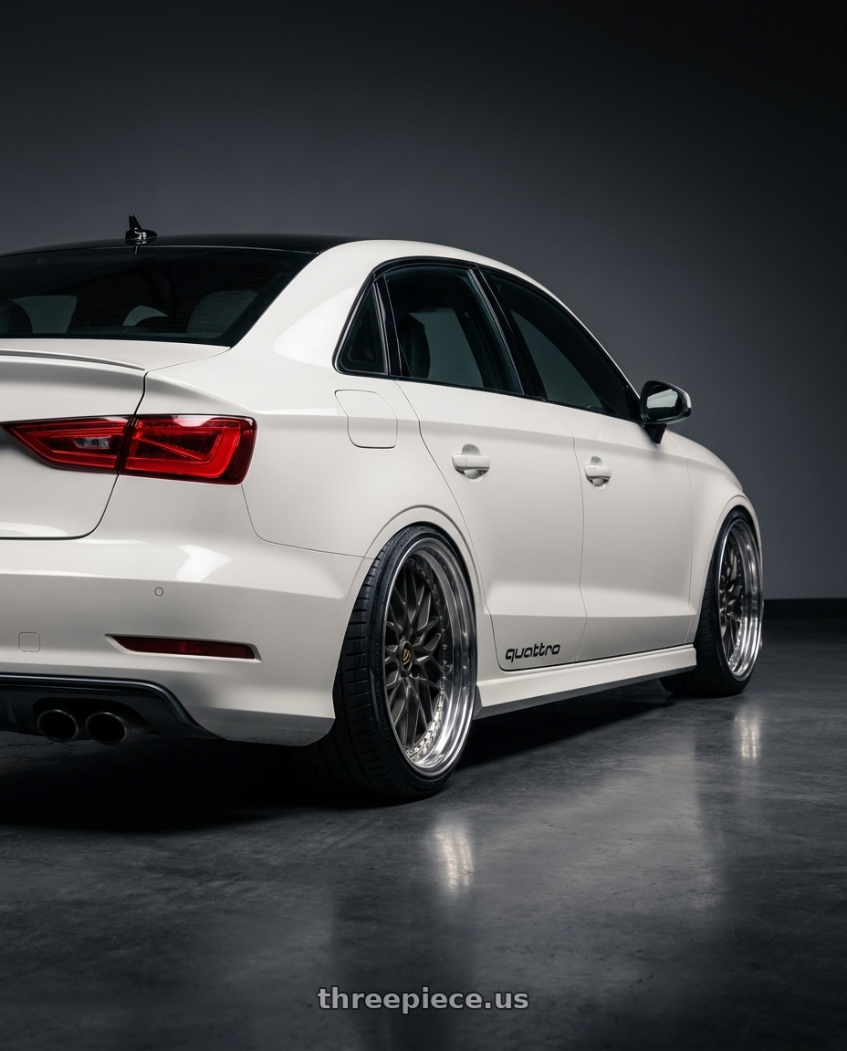 2015 Audi S3 with Work Vs-Xv 5x112 20x10.5+35 L Disk Matte Dark Gunmetal wheels rear three quarter view extreme stretch tires