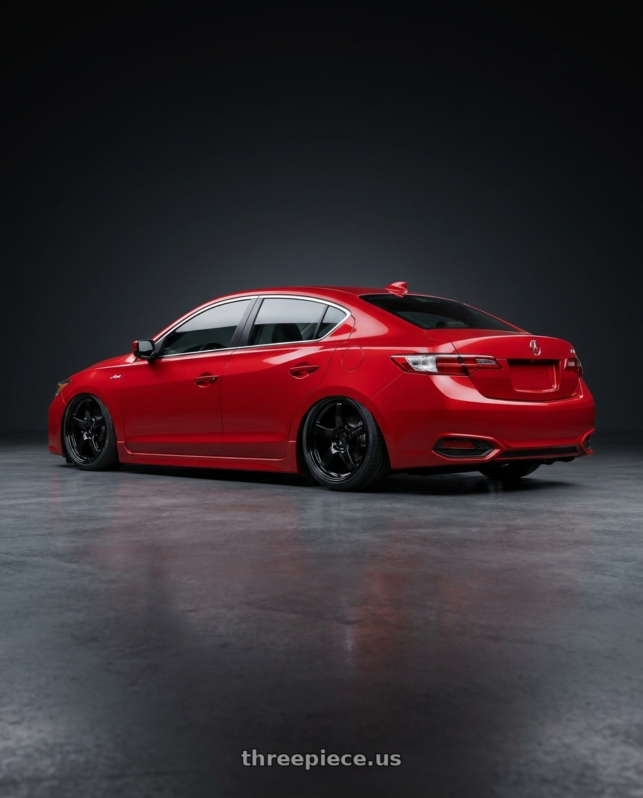 2012 Acura ILX with Gram Lights 57CR 5x114.3 18x9.5+38 Glossy Black wheels rear three quarter view slight stretch tires