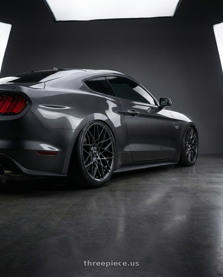 2015 mustang gt with RTR 850SC Tech Mesh Mustang 5x114.3 20x10.5 +45 Satin Charcoal wheels rear three quarter view slight stretch tires