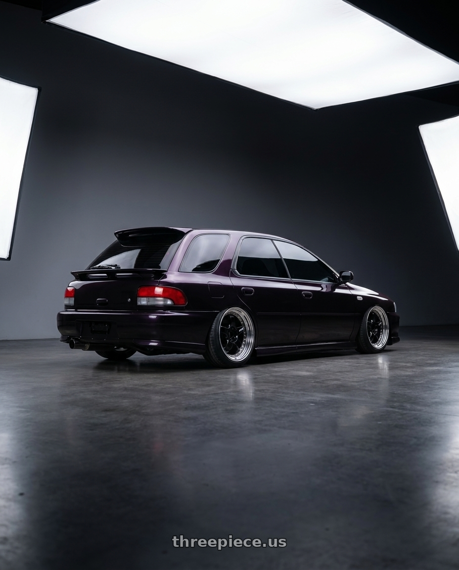 2000 Subaru Impreza with Work Meister S1 3P 5x100 18x7+35 A Disk Black wheels rear three quarter view slight stretch tires