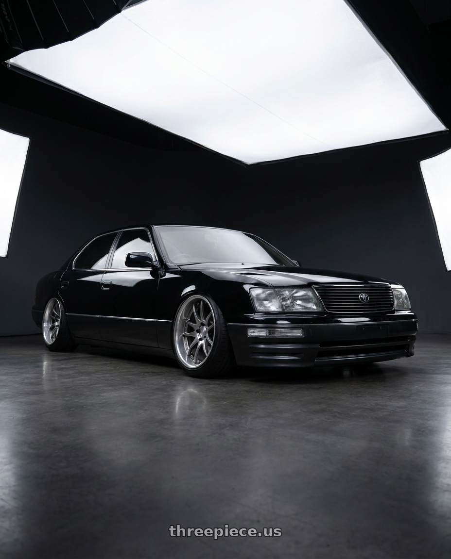 1997 Lexus LS400 with Work Cr 2P 5x114.3 19x8.0 +45 GT Silver wheels front three quarter view slammed stance