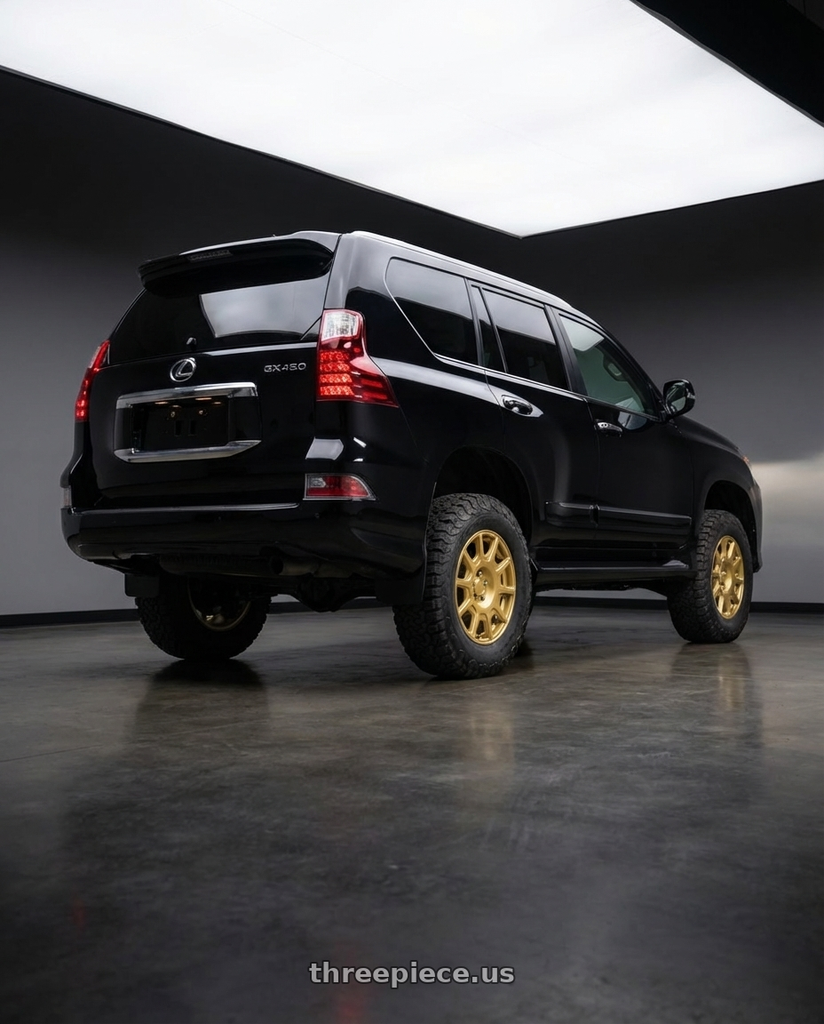 2011  Lexus GX460 with Motegi MR139 RF11 5X100 17X7.5 +40 RALLY GOLD wheels rear three quarter view meaty tires