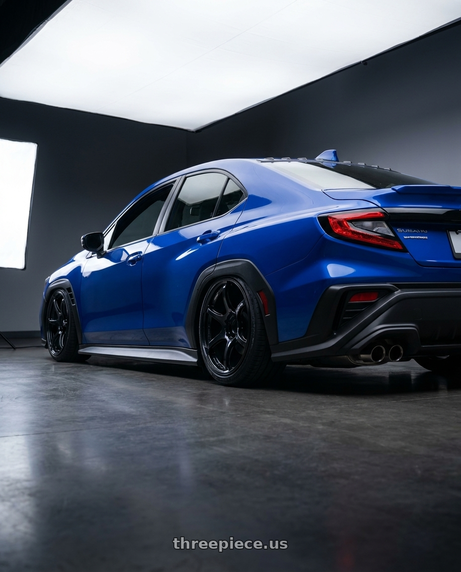 2024 Subaru WRX with Advan RGIII 5x114.3 19x10.5+25 Gloss Black wheels rear three quarter view slight stretch tires