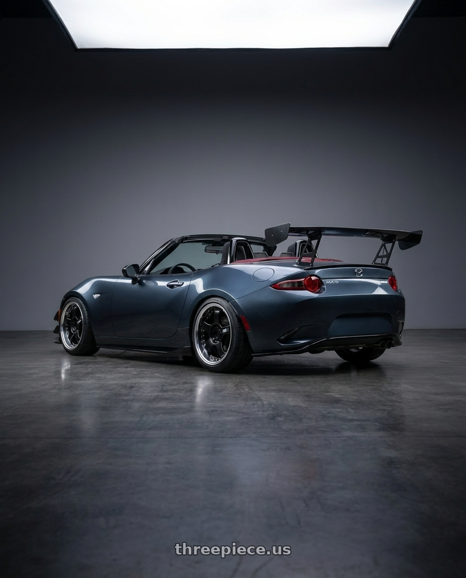 2021 Mazda Mx5  with SSR Professor SP1R 4X100 17X8.5 12 HP Disk Black wheels rear three quarter view slight stretch tires