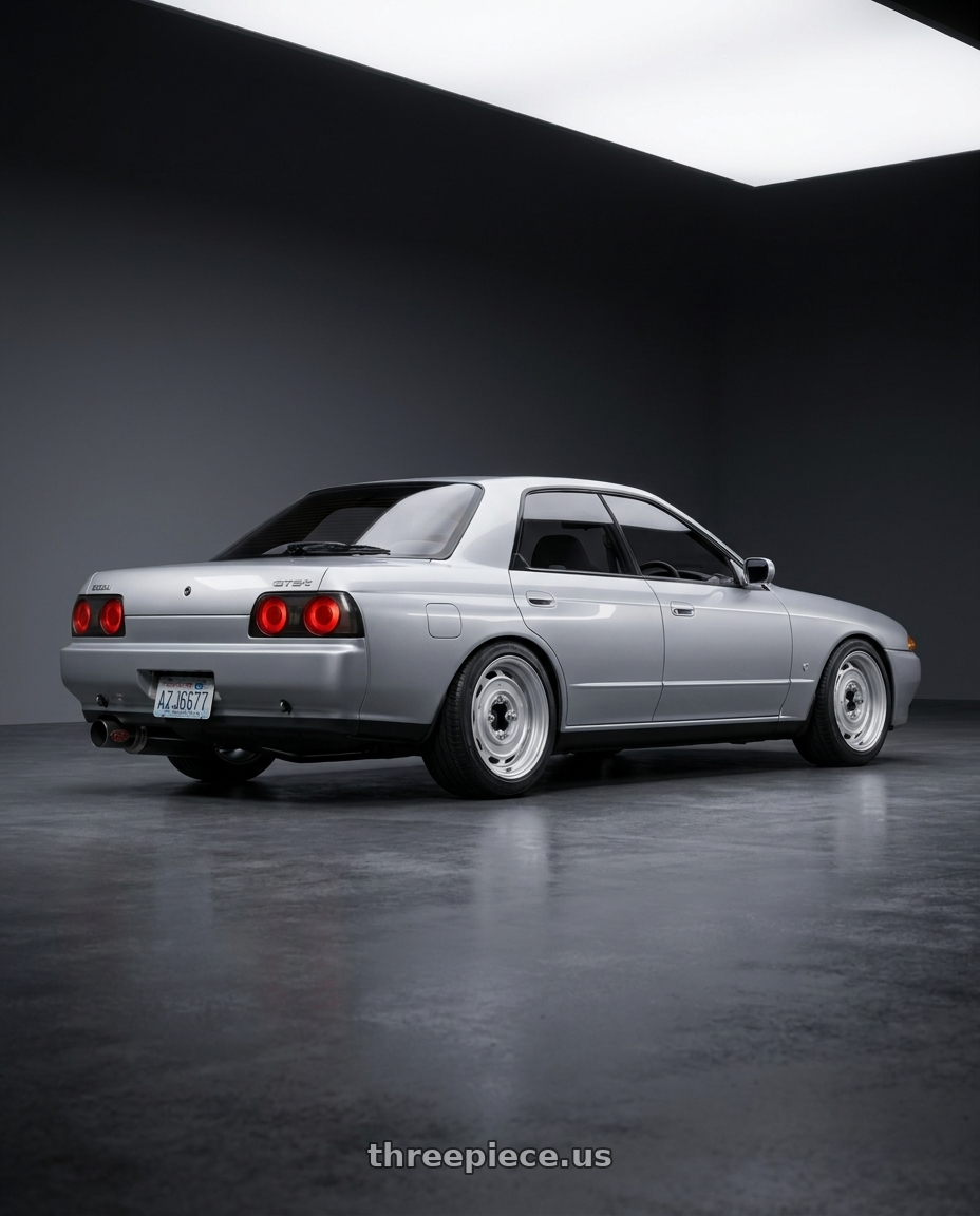 1992 nissan  skyline  gtst with Mobelwagen MW430S Interceptor 4X130 15x5.5 20 Silver wheels rear three quarter view slight stretch tires
