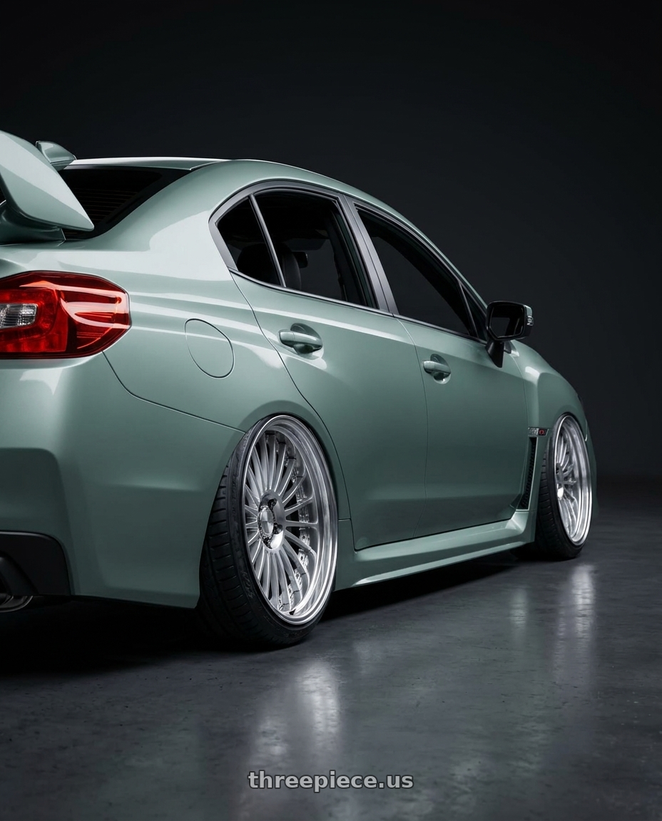 2021 Subaru wrx sti millennium jade with Work Lanvec Lf1 5x114.3 18x9+45 A Disk Machine Silver Polish wheels rear three quarter view extreme stretch tires