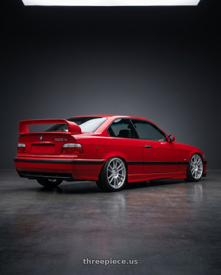 1996 BMW E36 328is with Motegi MR146 SS6 5X114.3 17X8.5 +42 HYPER SILVER wheels rear three quarter view square tires