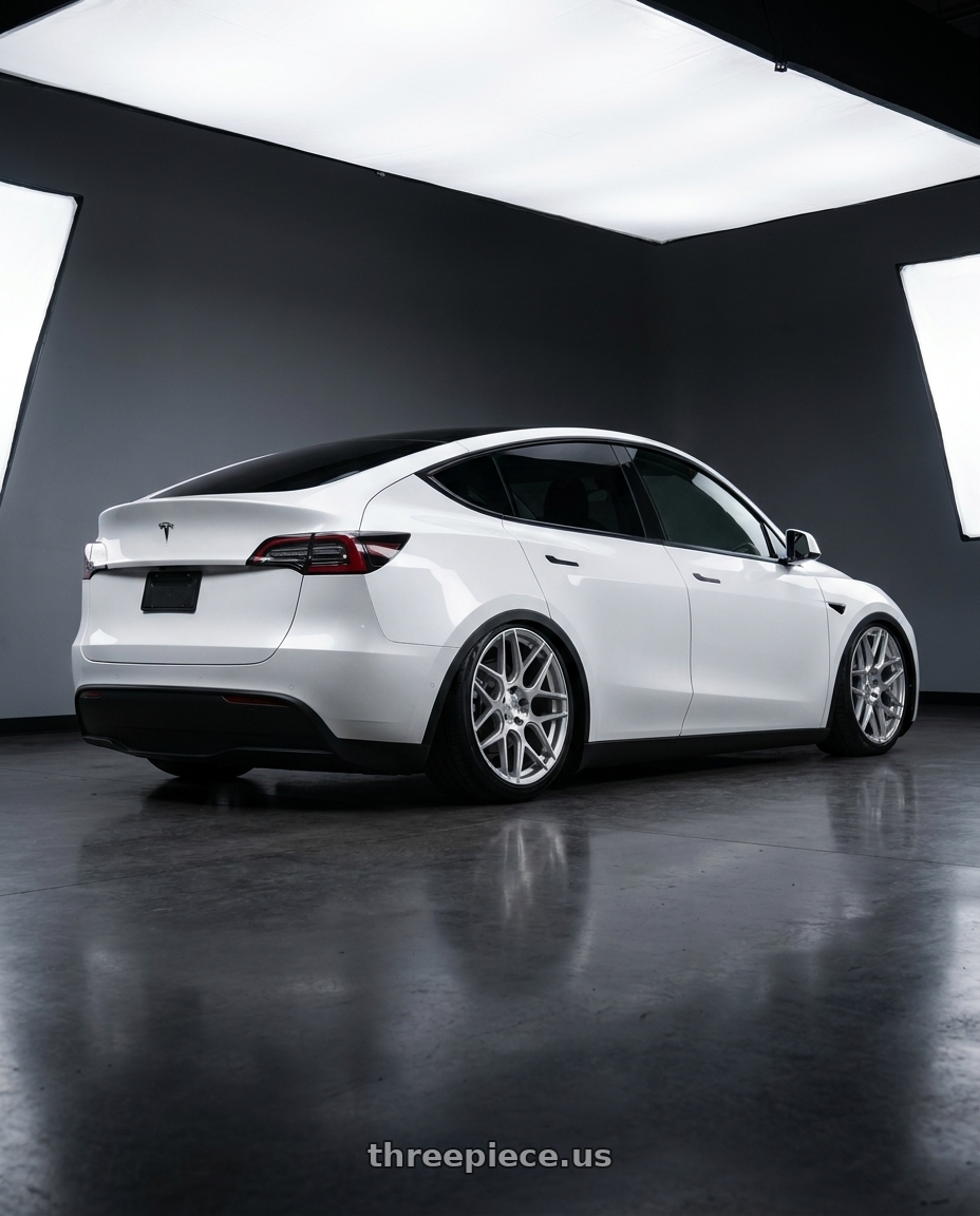 2024 Tesla Model Y with Aodhan AFF2 5x114.3 20x9+32 Gloss Silver Machined Face wheels rear three quarter view slight stretch tires