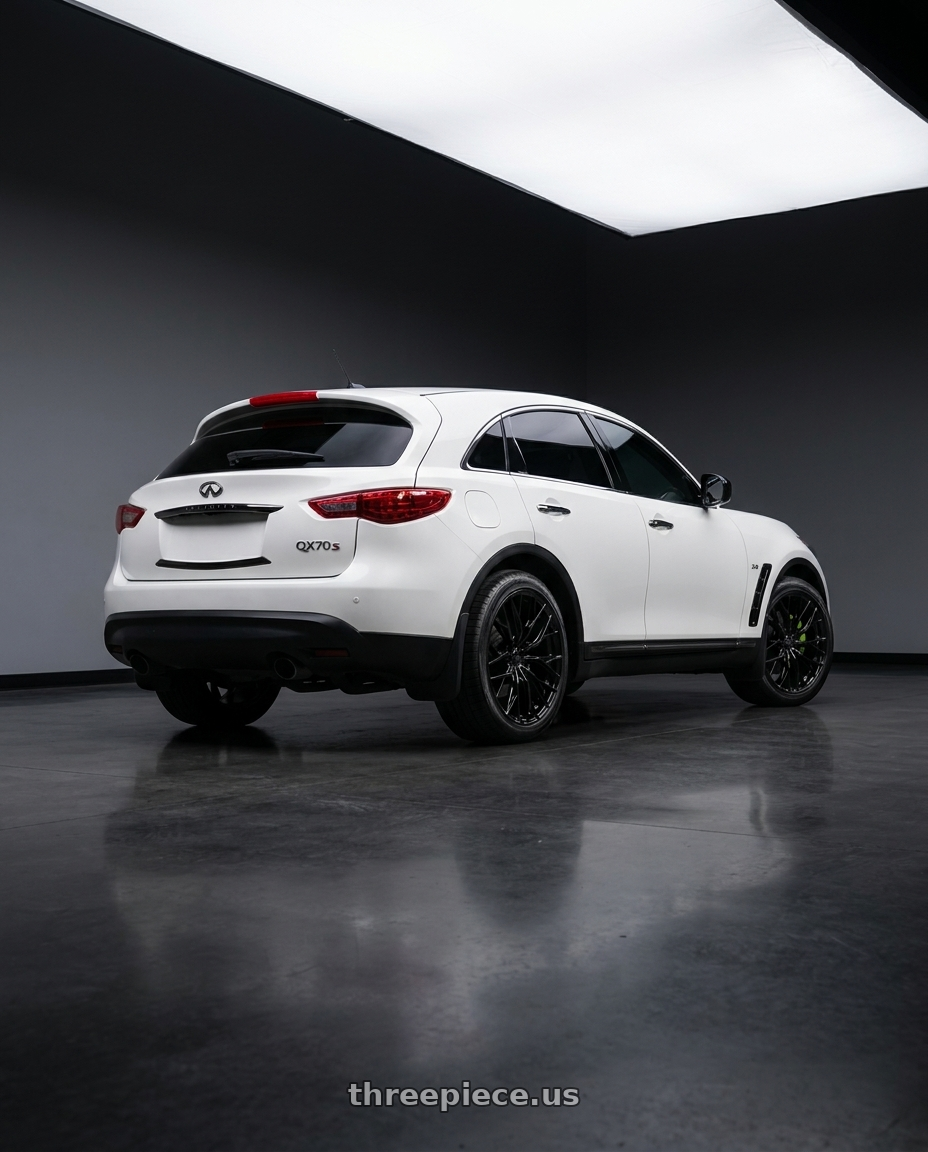 2014 Infiniti qx70s with MRR GF5 5x114.3 21x10.5 +38 Gloss Black wheels rear three quarter view square tires