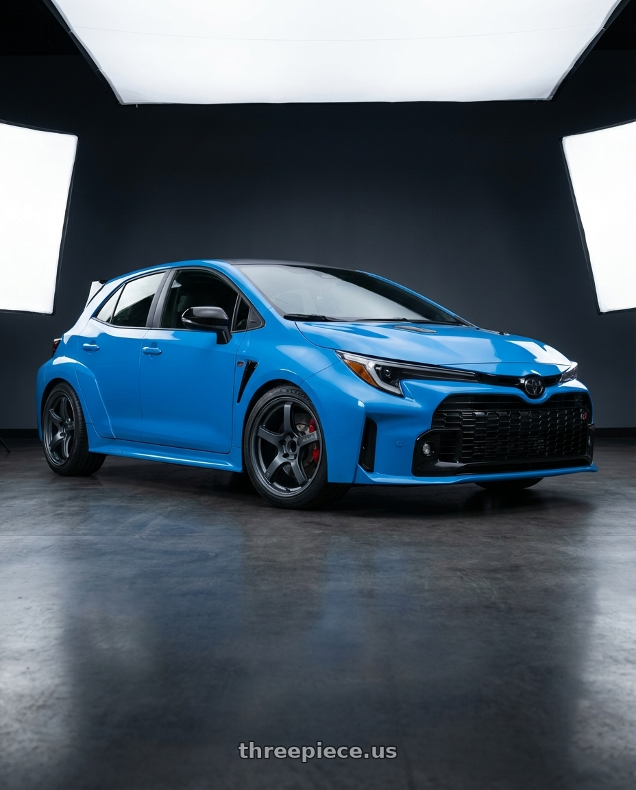 2024 Toyota GR Corolla with Gram Lights 57CR 5x114.3 18x10.5+12 Gunblue II wheels front three quarter view lowered stance