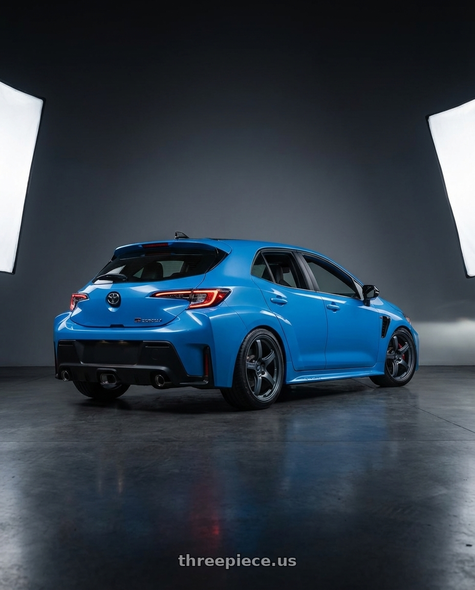 2024 Toyota GR Corolla with Gram Lights 57CR 5x114.3 18x10.5+12 Gunblue II wheels rear three quarter view square tires