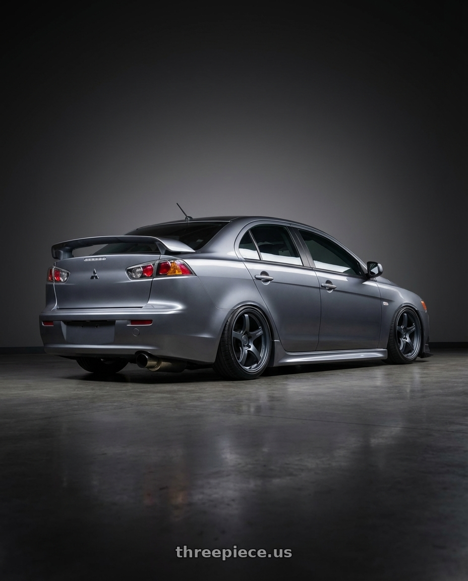 2014 Mitsubishi Lancer Ralliart with Gram Lights 57CR 5x114.3 18x9.5+22 Gunblue II wheels rear three quarter view slight stretch tires