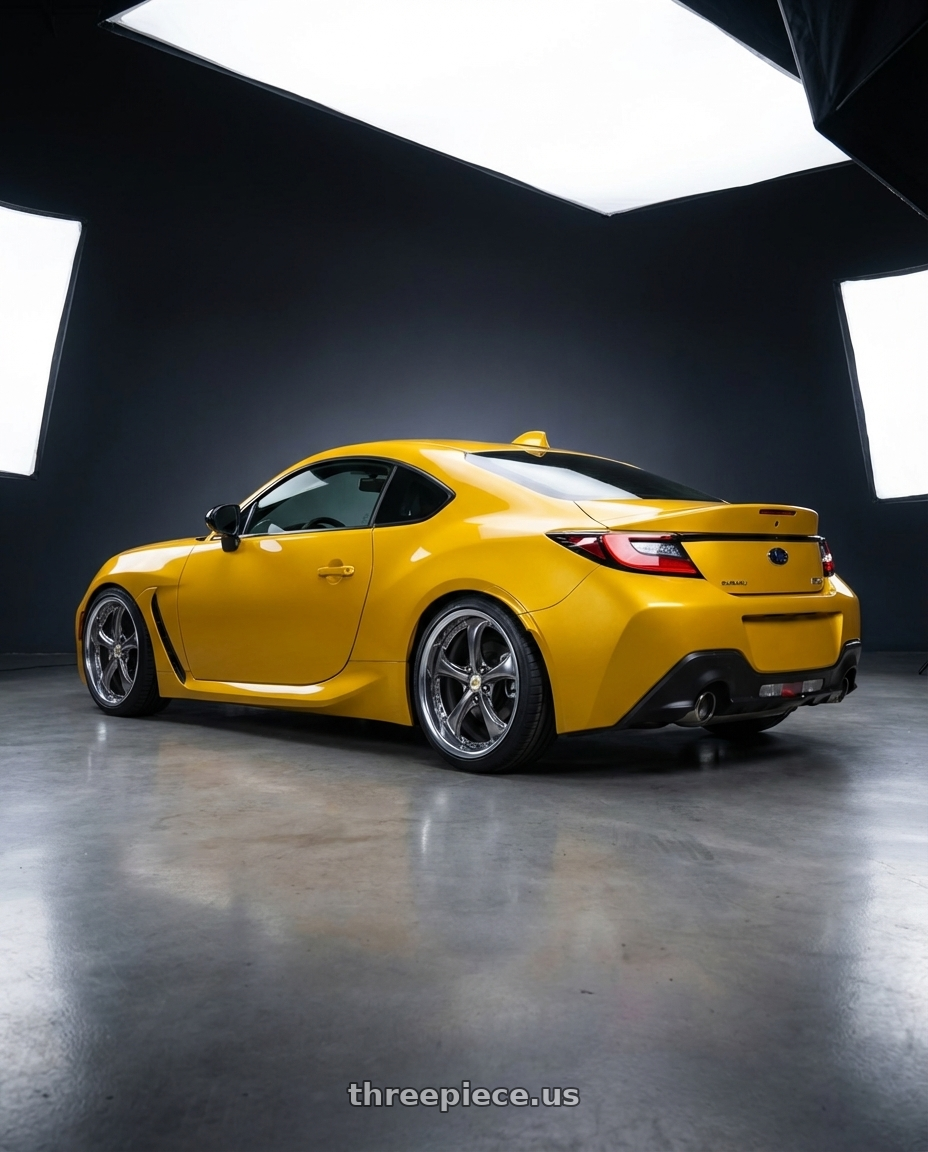 2026 Subaru BRZ Series.Yellow with Work Wheels VS-KF 5X114.3 19x7.5+34 Brilliant Silver Black A Disk FULL REVERSE wheels rear three quarter view square tires