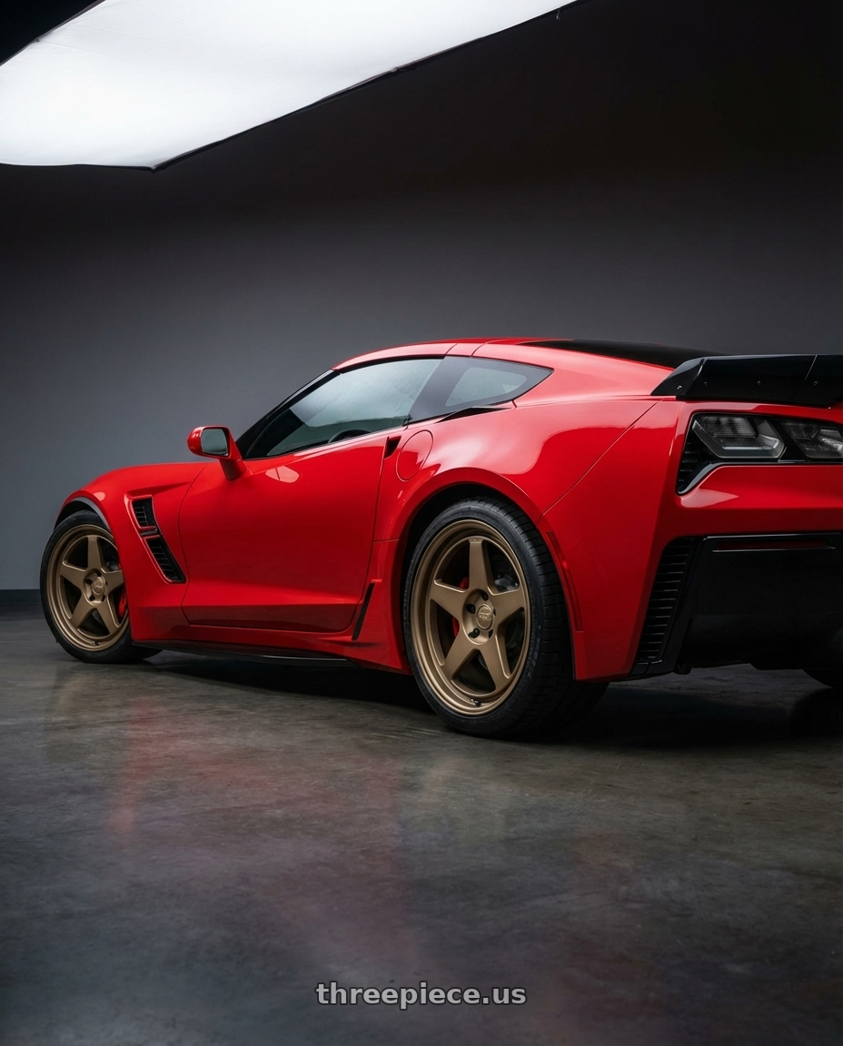 2019 corvette grandsport with Kansei K12B KNP 5X120 18x9 35 Bronze wheels rear three quarter view slight stretch tires
