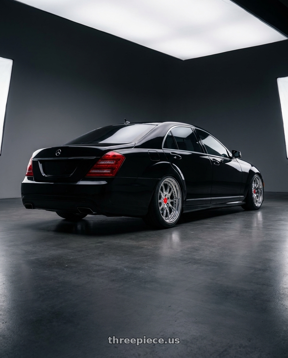 2013 Mercedes Benz W221 S class with Heritage Wheel SENDAI wheels rear three quarter view square tires