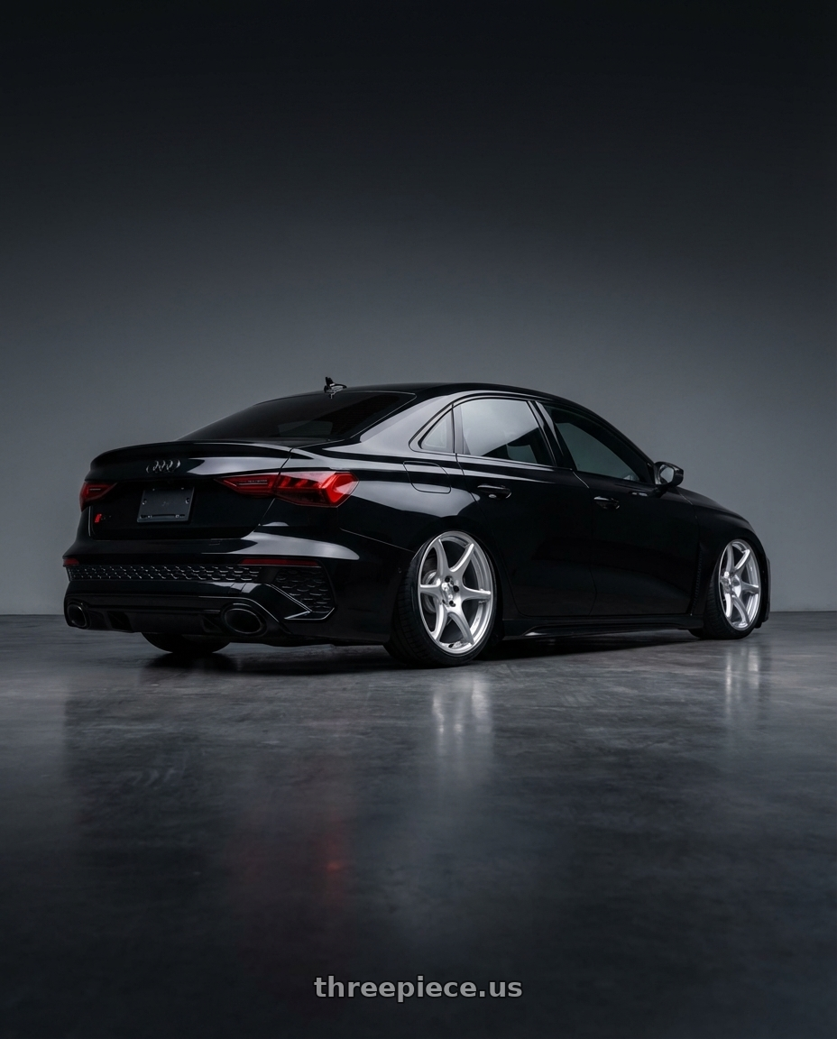 2022 Audi RS3 8Y with Kansei K11S Tandem 5X112 19x9.5 22 Hyper Silver wheels rear three quarter view slight stretch tires