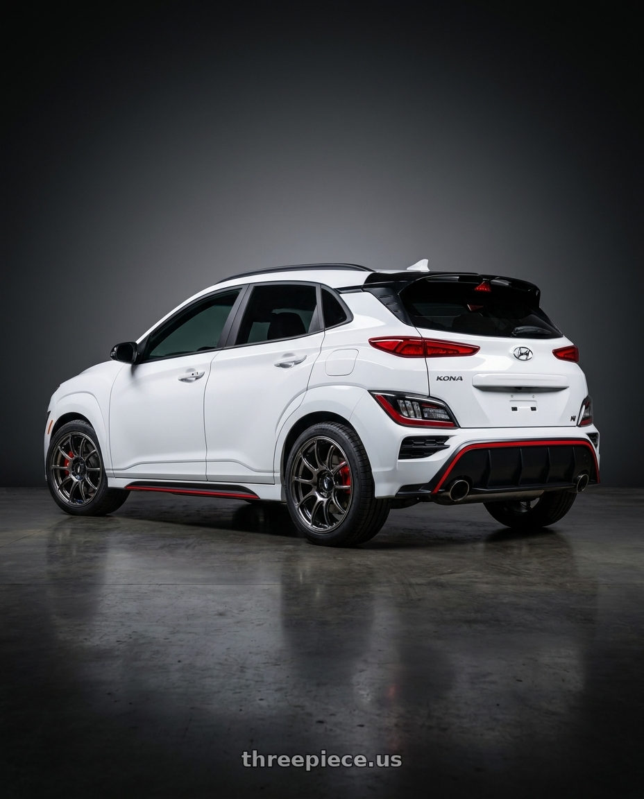 2022 Hyundai Kona N  with Advan Racing RZII 5x114.3 18x8.5 +45 RACING HYPER BLACK & RING wheels rear three quarter view square tires