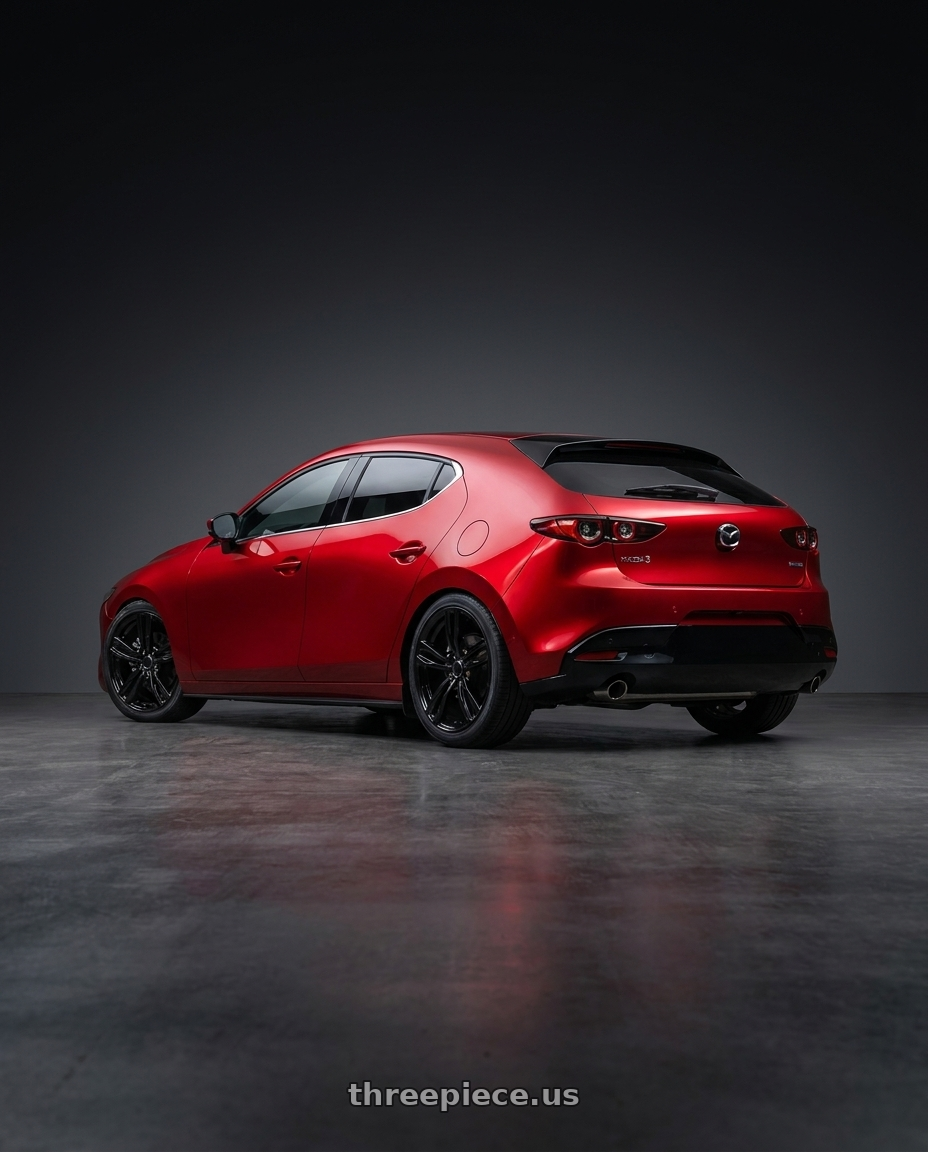 2024 Mazda 3 with REPLICA WHEELS R5056 5x120 19x8.5+35 GLOSS BLACK wheels rear three quarter view slight stretch tires