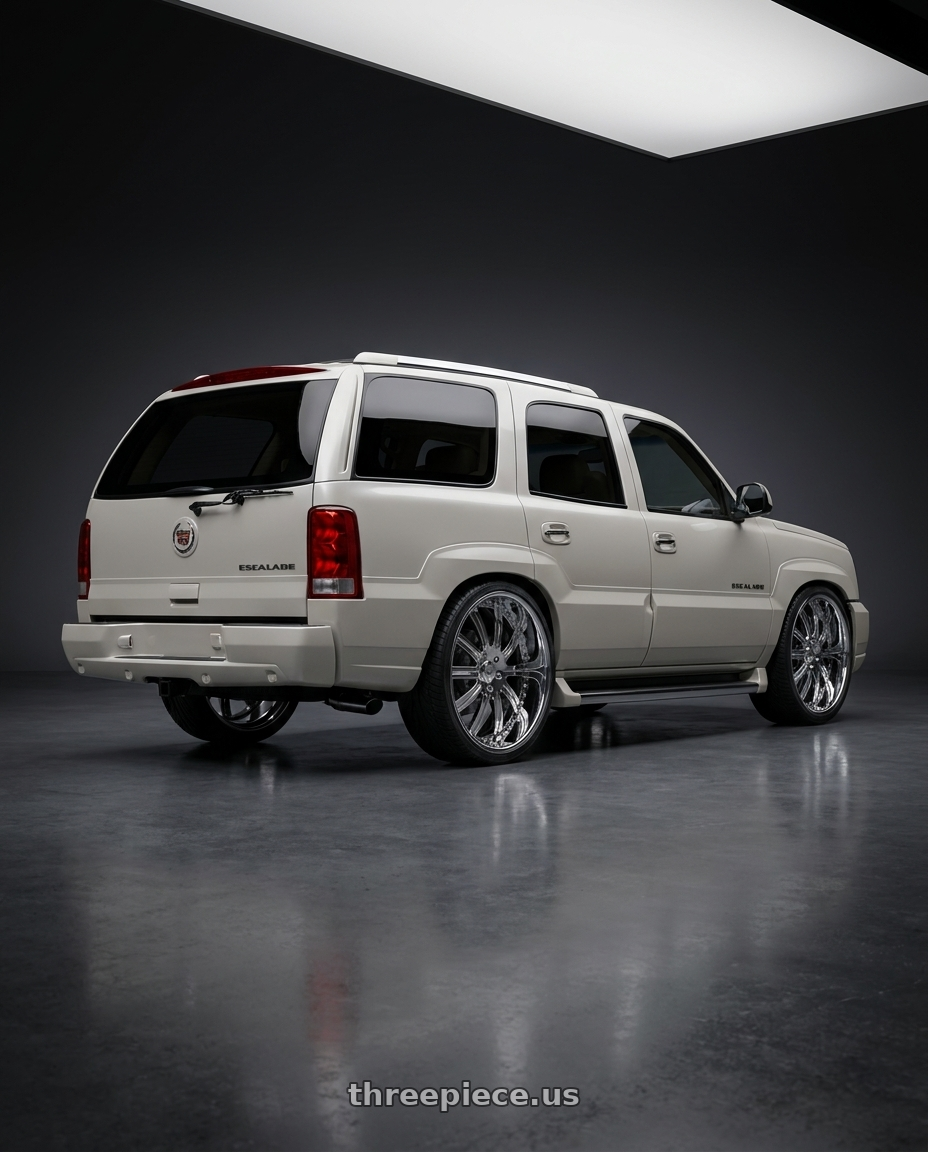 2005 Cadillac Escalade with Asanti Forged AF134 6x139.7 24x10 +35 Chrome wheels rear three quarter view extreme stretch tires