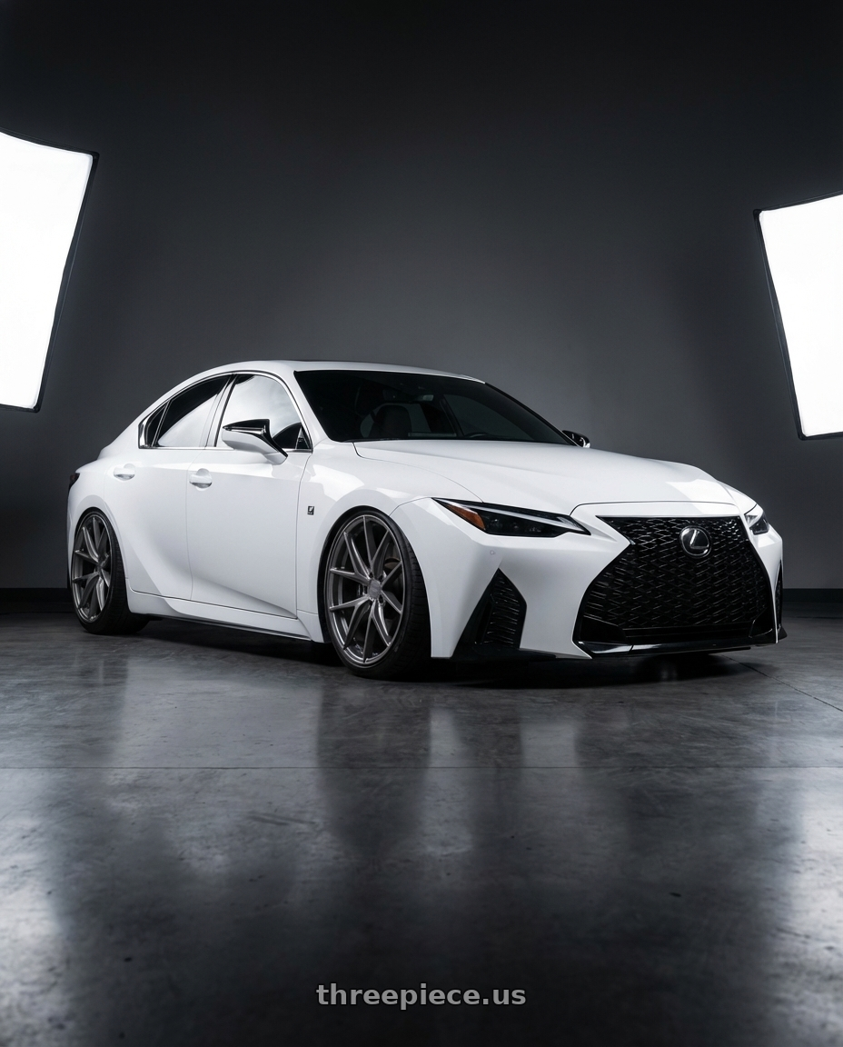 2024 Lexus IS 350 with Niche 1PC M116 MISANO 5X114.3 19X8.5 +45 MATTE GUN METAL wheels front three quarter view stanced stance