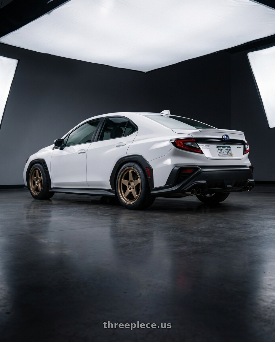 2023 Subaru wrx, ceramic white with Kansei K12B KNP 5x114.3 18x9 35 Bronze wheels rear three quarter view meaty tires