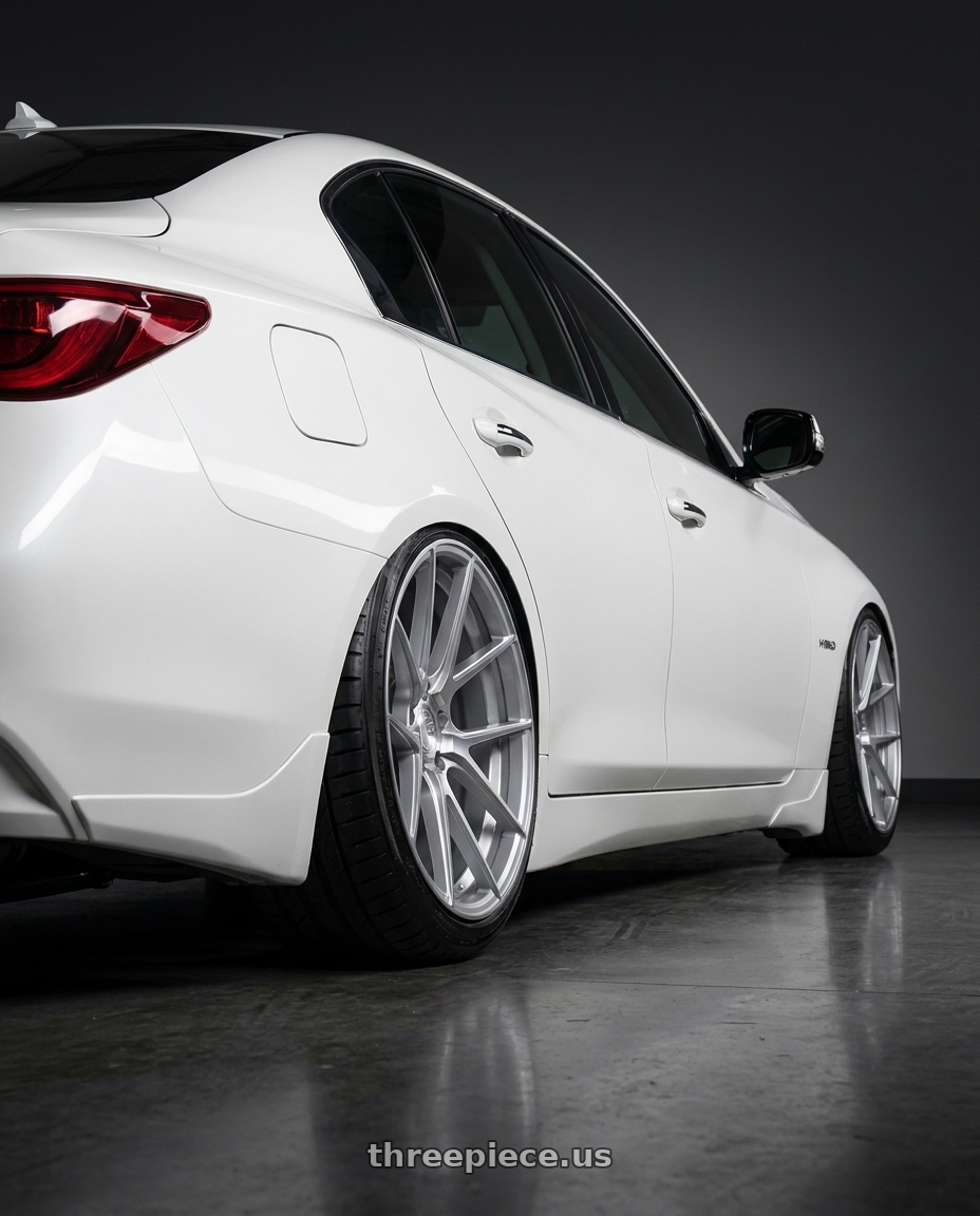 2020 Infiniti Q50 with Aodhan AFF3 5x114.3 20x9+32 Gloss Silver Machined Face wheels rear three quarter view slight stretch tires