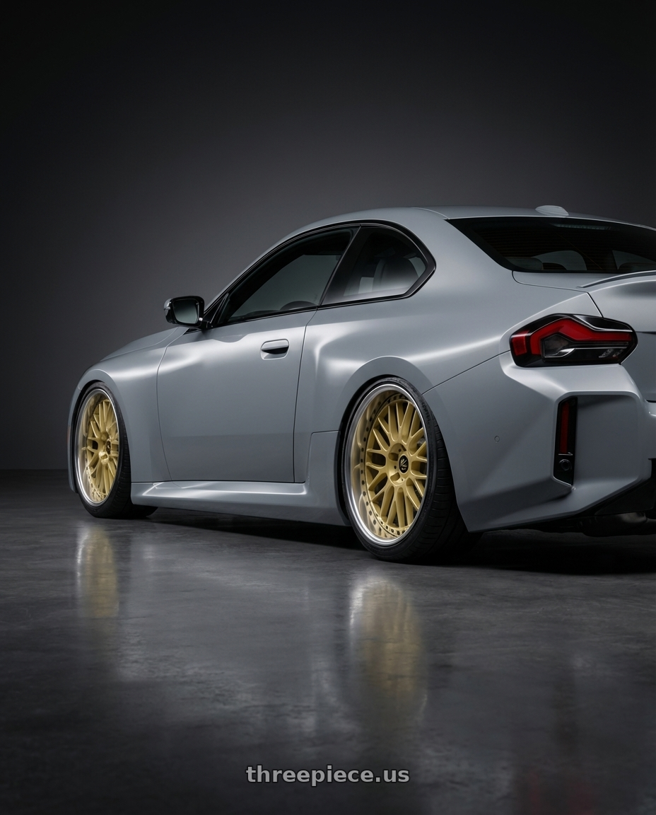 2025 bmw m2 with Work Vs-Xx 5x114.3 18x9+7 O Disk Light Grey Silver wheels rear three quarter view square tires