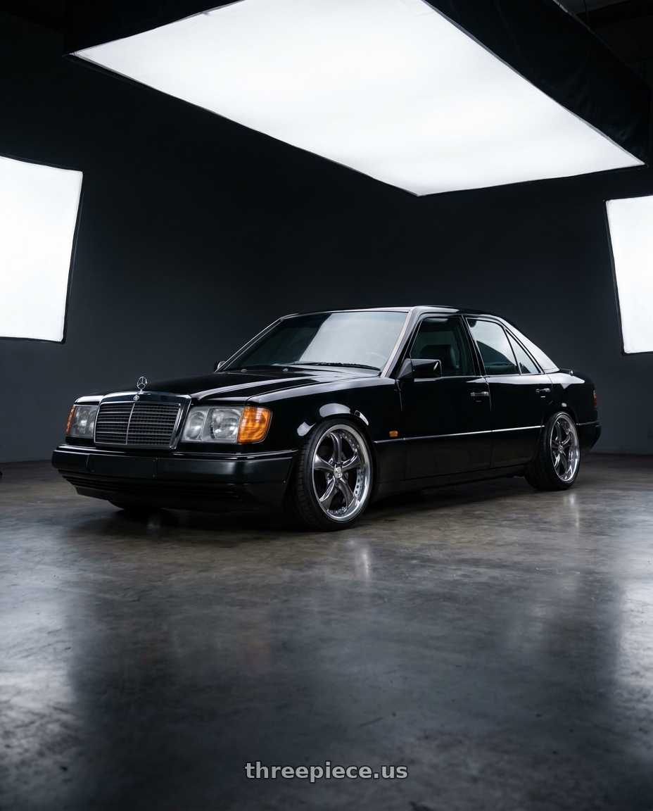 1989 Mercedes 230E W124 Black with Work Wheels VS-KF 5X114.3 19x8.5+34 Brilliant Silver Black A Disk FULL REVERSE wheels
