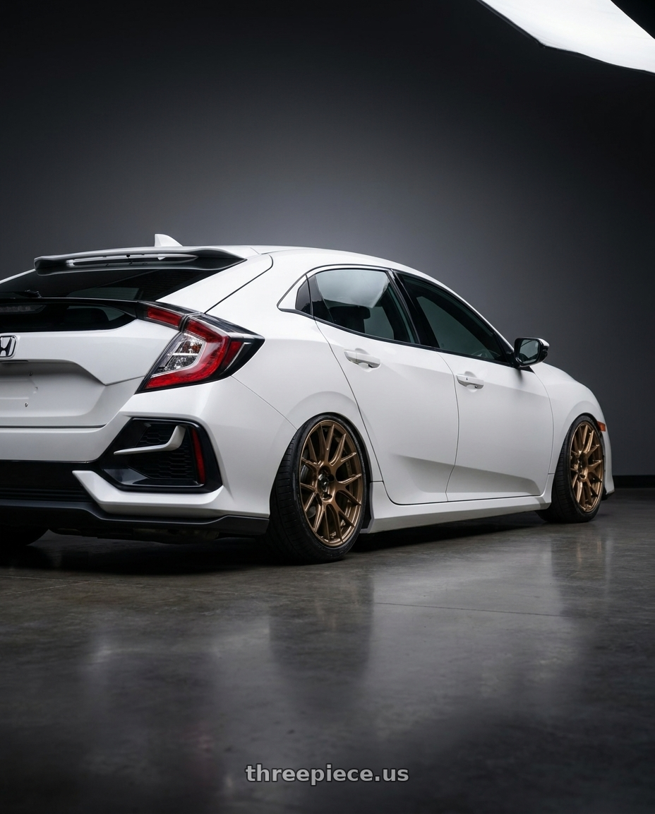 2019 Honda Civic with Konig Ampliform 5x114.3 18x8.5+45 Gloss Bronze wheels rear three quarter view slight stretch tires