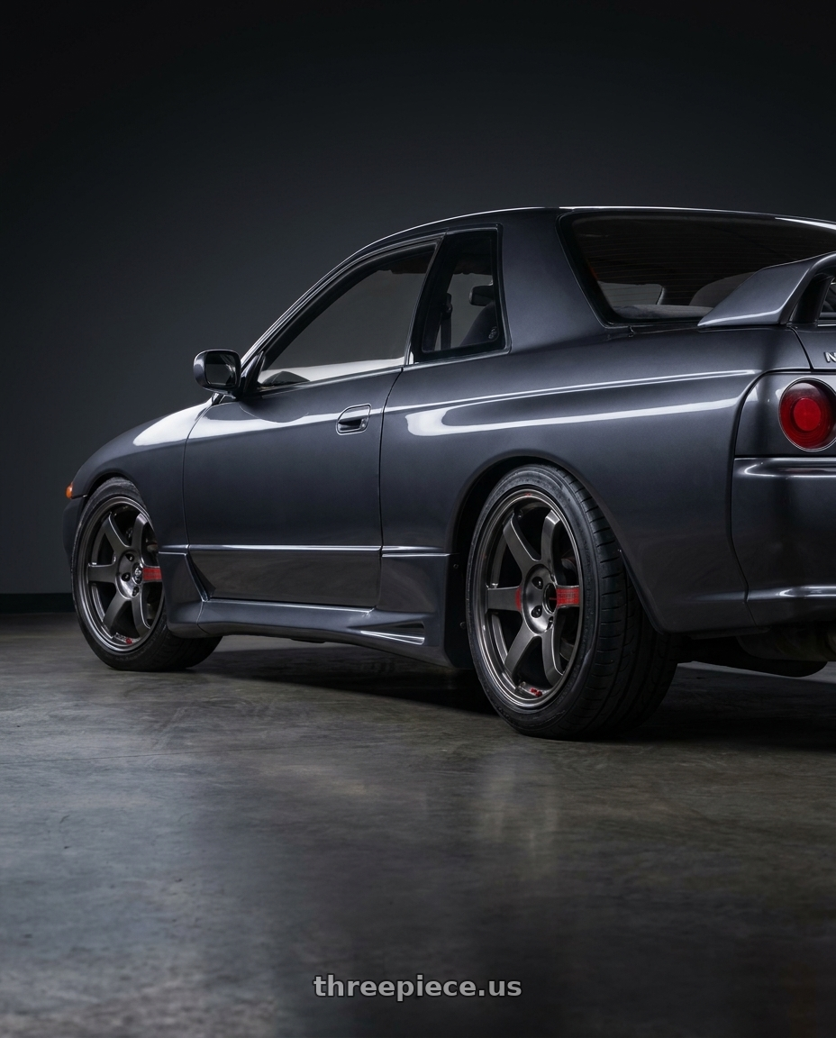 1992 Nissan Skyline GTS-T with Volk Racing TE37 Saga SL 5x114.3 18x9.5+22 Pressed Graphite wheels rear three quarter view square tires