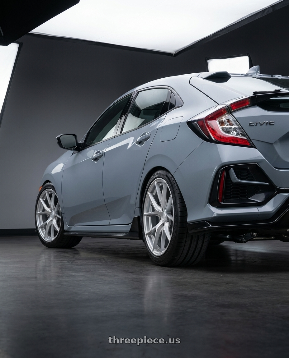 2021 Honda Civic Type R with Aodhan AFF7 5x120 18x9.5+35 Gloss Silver Machined Face wheels rear three quarter view square tires