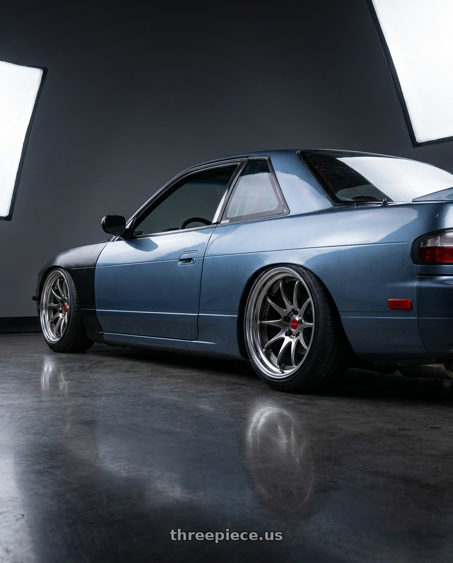 1990 Nissan 240SX Coupe with Work Cr 2P 4x100 17x10.0 +0 GT Silver wheels rear three quarter view slight stretch tires