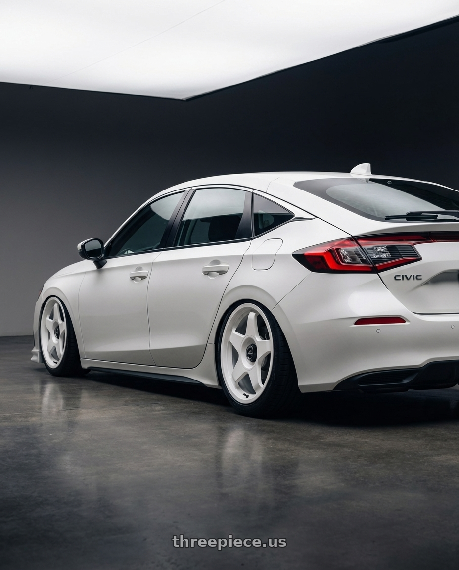 2024 Honda Civic with fifteen52 CHICANE 5x114.3 / 5x120 19x8.5 +35 RALLY WHITE (GLOSS WHITE) wheels rear three quarter view slight stretch tires