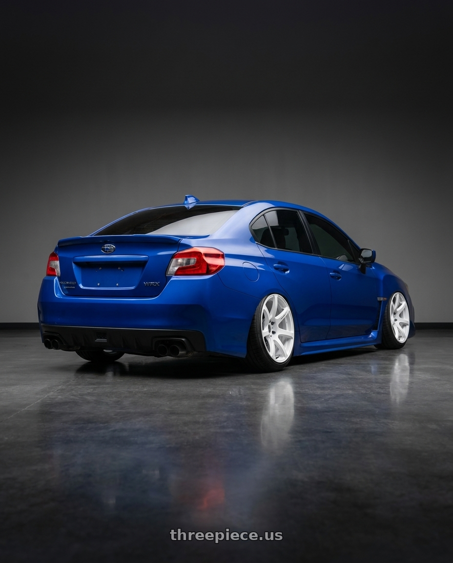 2020 Subaru wrx with Work Emotion T7r 5x114.3 18x9.5 +38 White wheels rear three quarter view extreme stretch tires