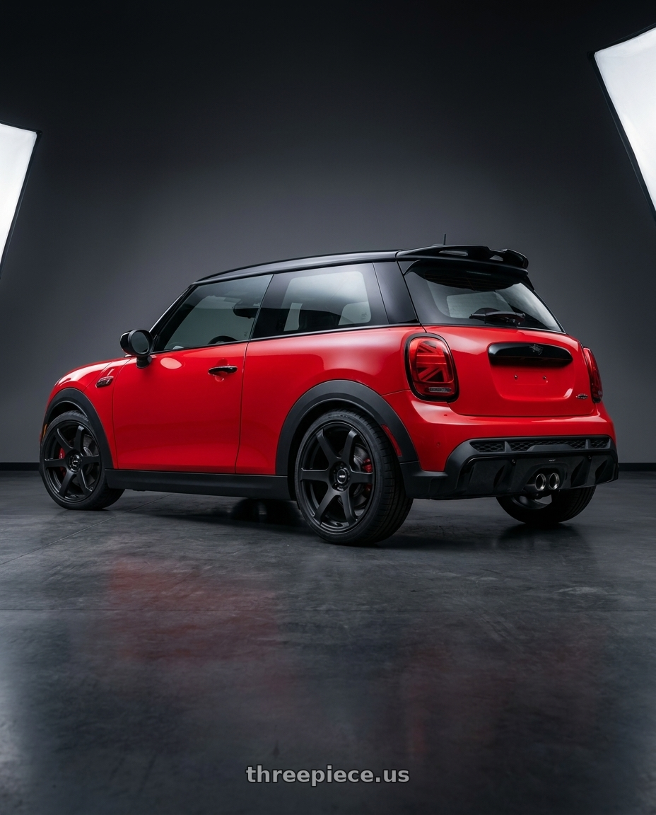 2025 mini jcw red with Enkei T6S 5x114.3 18x8.5+35 Matte Black wheels rear three quarter view square tires