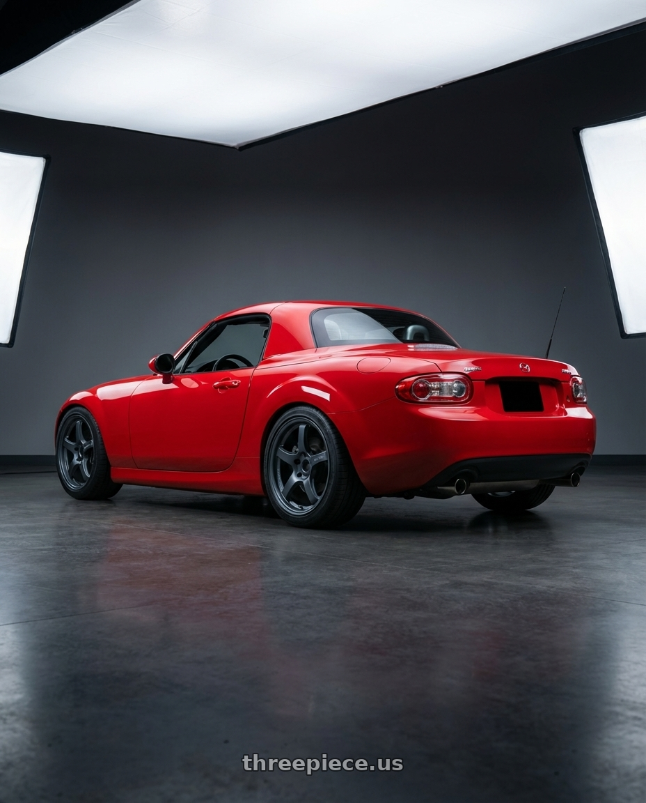 2012 Mazda MX-5 Miata NC with Gram Lights 57CR 5x114.3 17x9+22 Gunblue II wheels rear three quarter view square tires