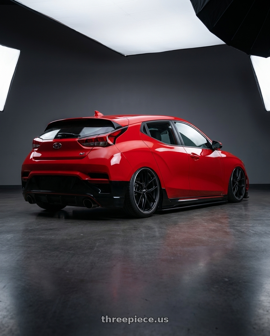 2022 Hyundai Veloster N with BBS CC-R 5x114.3 19x8.5+30 Satin Black wheels rear three quarter view slight stretch tires
