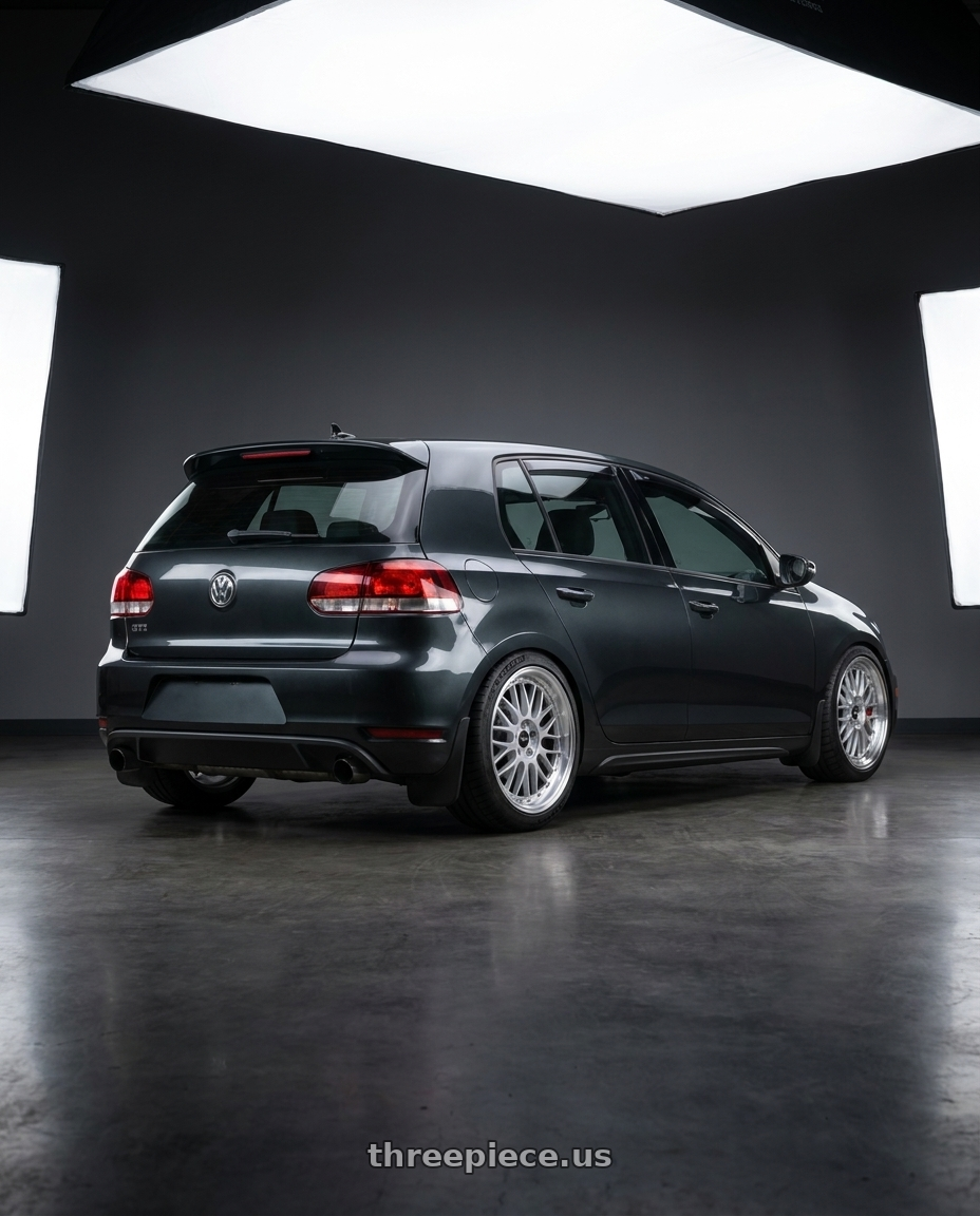 2014 VW GTI Wolfsburg Ed with Vors VR8 5x108 18x9 +20 Silver Machined Lip wheels rear three quarter view square tires