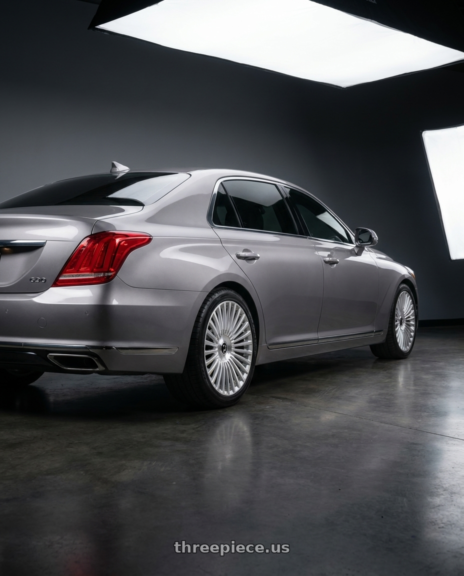2018 genesis g90 with DOLCE LUXURY TRENTO 5x114.3 22x8.5 +38 Gloss Silver Brush Face wheels rear three quarter view square tires