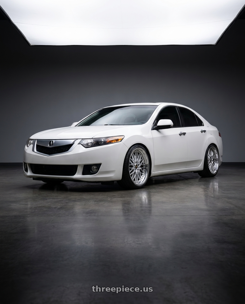 2012 Acura TSX with Work Vs-Xv 5x114.3 20x8.5+40 O Disk Silky Rich Silver wheels front three quarter view lowered stance