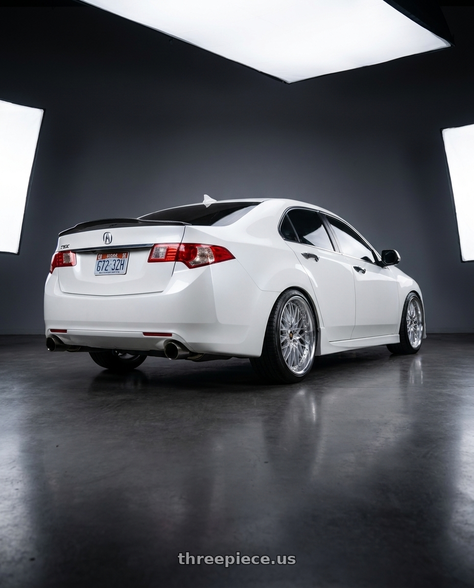 2012 Acura TSX with Work Vs-Xv 5x114.3 20x8.5+40 O Disk Silky Rich Silver wheels rear three quarter view slight stretch tires