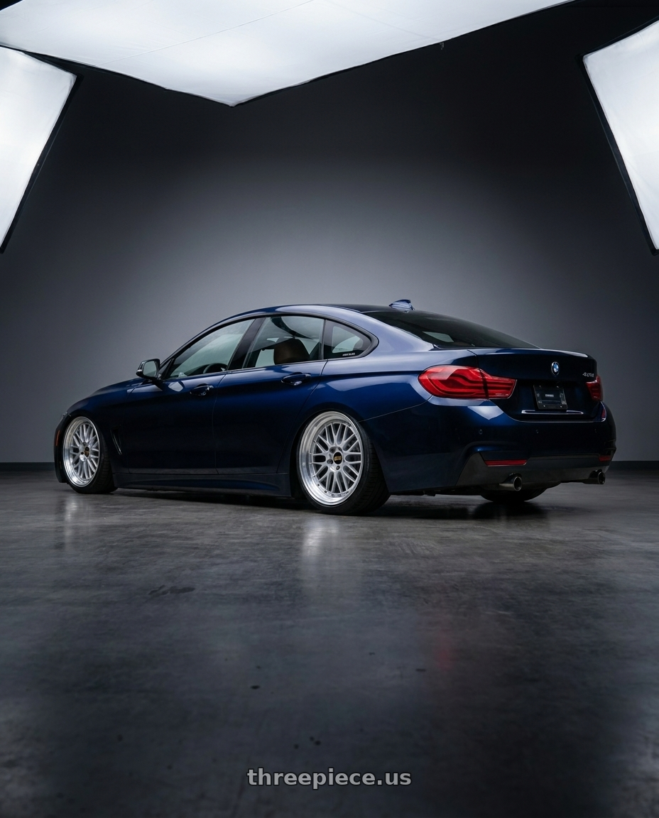 2017 F36 420i gran coupe with BBS LM 5x114.3 17x7.5+38 Diamond Silver wheels rear three quarter view slight stretch tires