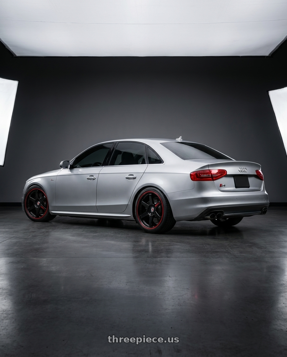 2012 Audi S4 with Spec-1 SPT-33 5x112 19x8.5 +38 Gloss Black & Red Line wheels rear three quarter view square tires