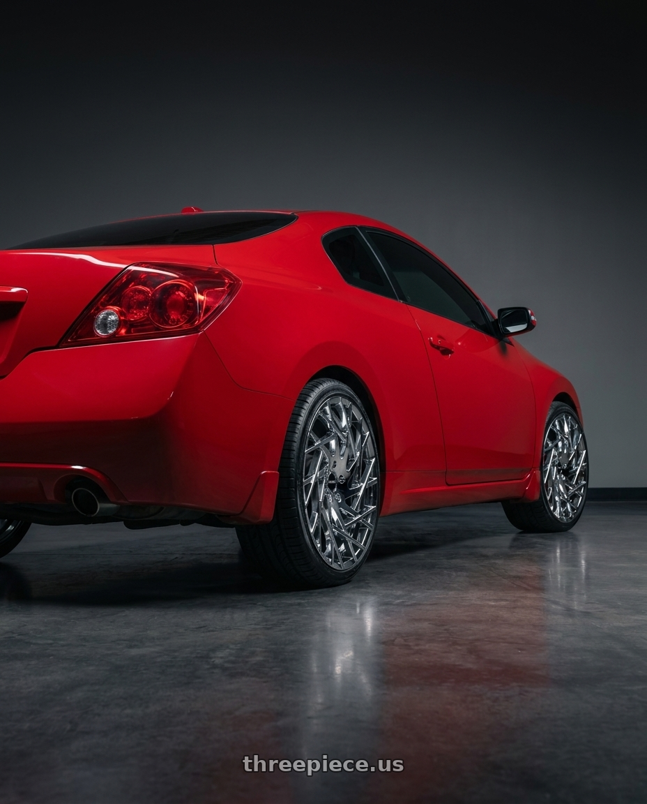 2010 Nissan Altima Coupe with Strada Nido 5x115 24x9.5 +15 Chrome wheels rear three quarter view square tires
